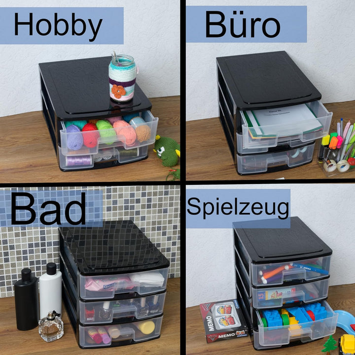Hummelladen Schubladenbox DIN A4 mit 3 Schubladen 35,5x26,5x26,5 cm - schwarz-transparent Kunststoff