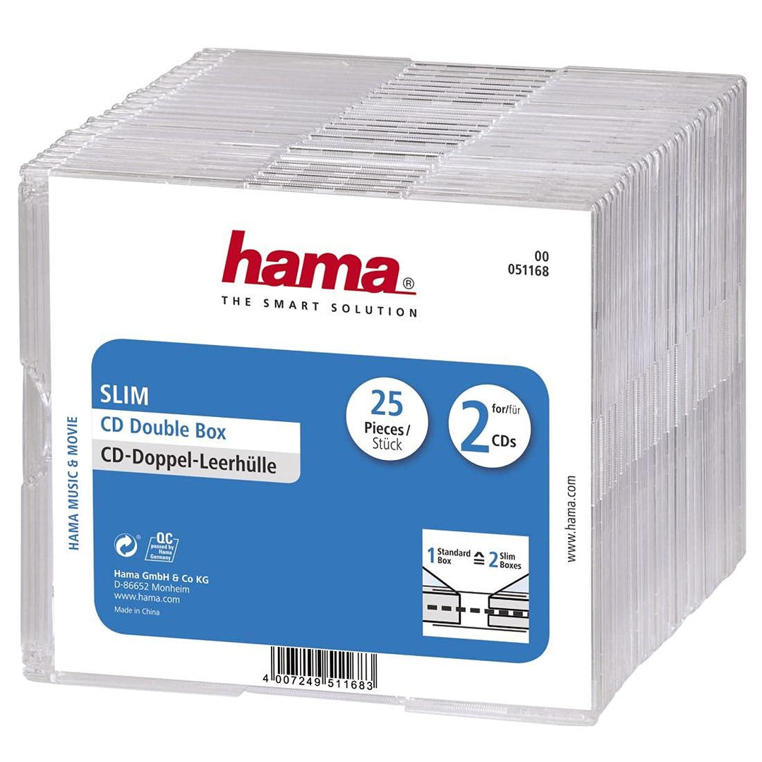 Hama CD-Doppelhüllen-Box im Super-Slim-Design für 50 CDs/DVDs/Blu-Rays, 25er-Pack, transparent Singl