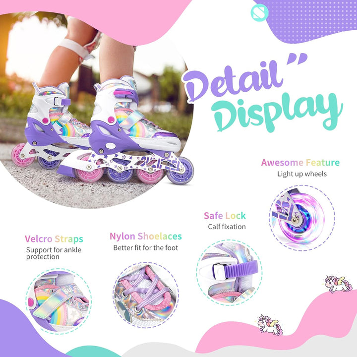 SULIFEEL Rainbow Unicorn Einstellbare beleuchtete Inline-Skates für Kinder Mädchen Anfänger-Skates m