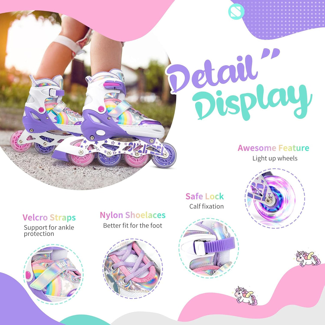 SULIFEEL Rainbow Unicorn Verstellbare Schwarz Rollschuhe für Kinder mit Leuchtenden Rädern für Junge