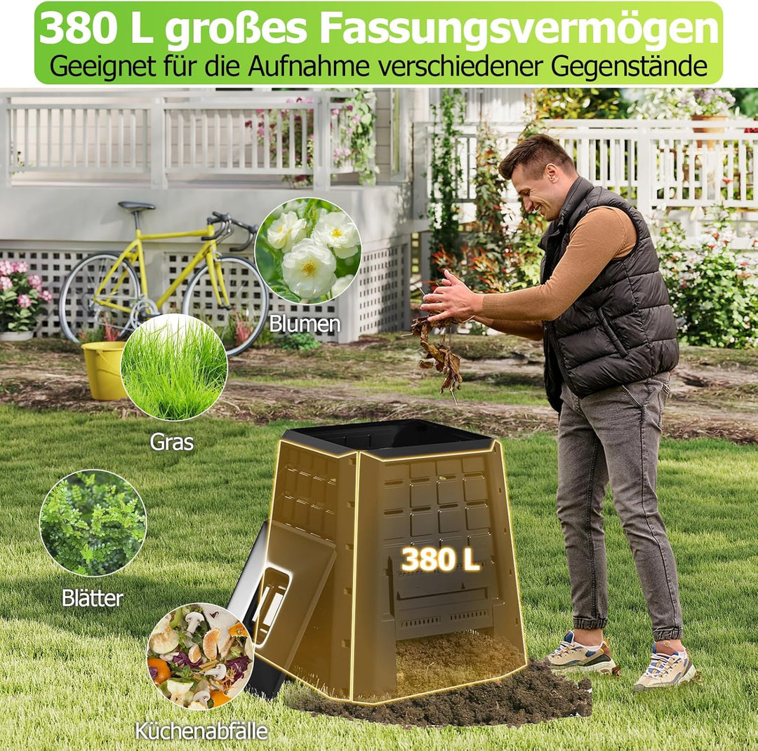 GOPLUS Komposter Garten, 380 L, Schnellkomposter aus PP, Thermokomposter mit Belüftung, Deckel &amp; Tür