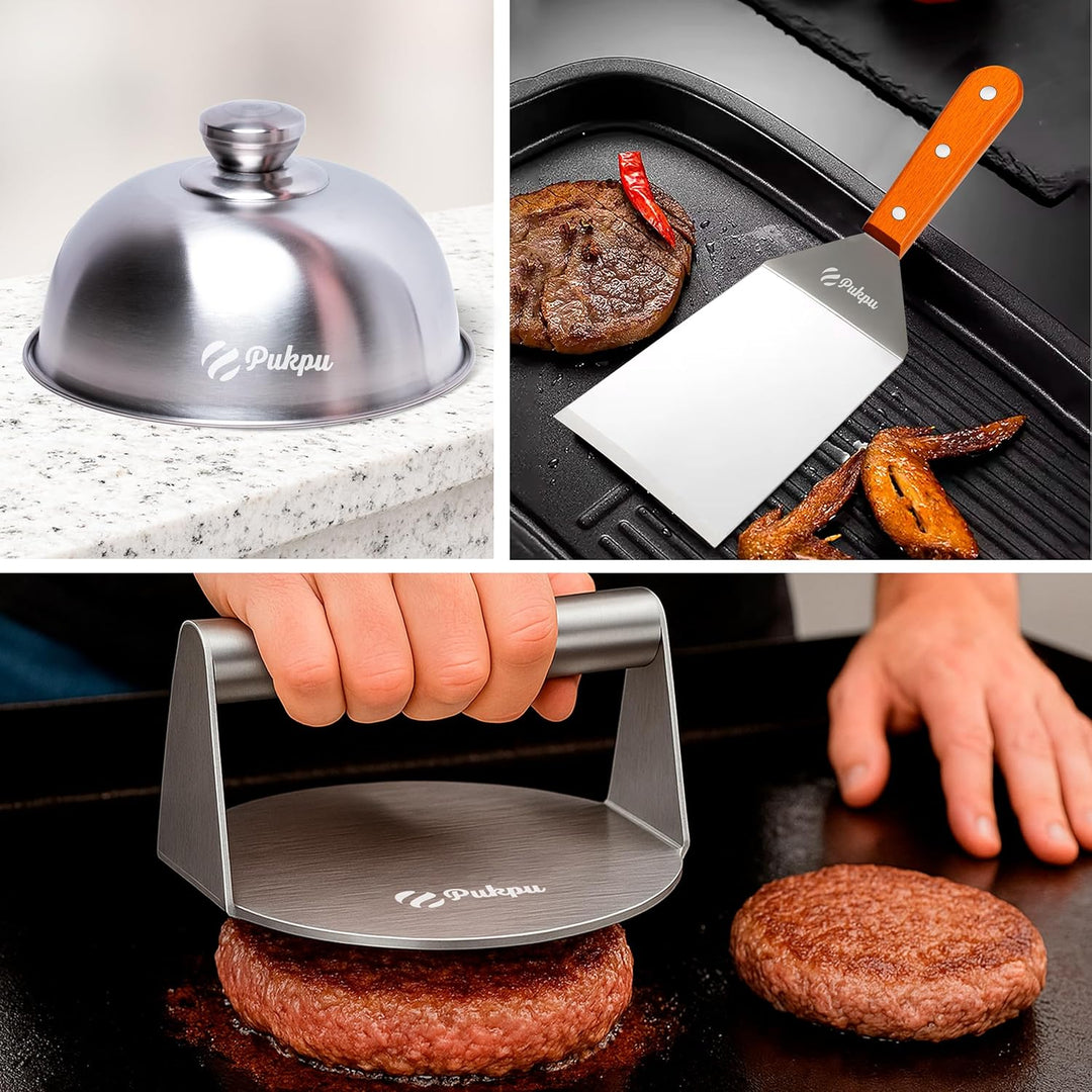 Burgerpresse Smash Burger Set - 3-Teilig Burger Smasher aus Edelstahl mit 1 Grosse Grillspachtel und