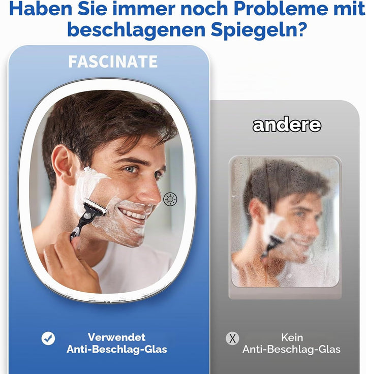 FASCINATE Rasierspiegel AntiBeschlag-Duschspiegel, 3 einstellbare Lichtfarben Schminkspiegel mit Ras