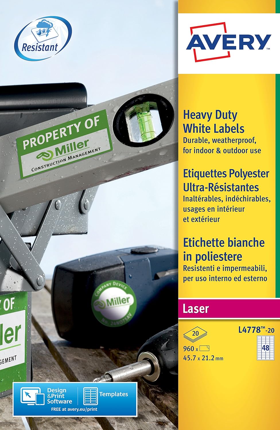 AVERY L4778-20 Box Blätter Etiketten Polyester, weiss