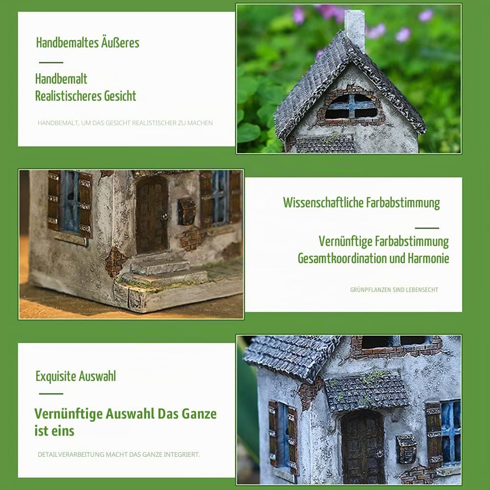 Feenhaus, 14cm Miniatur Pastoral kleines Haus Harz Retro Elfenhaus Miniatur Landschaft Gartenfigur G