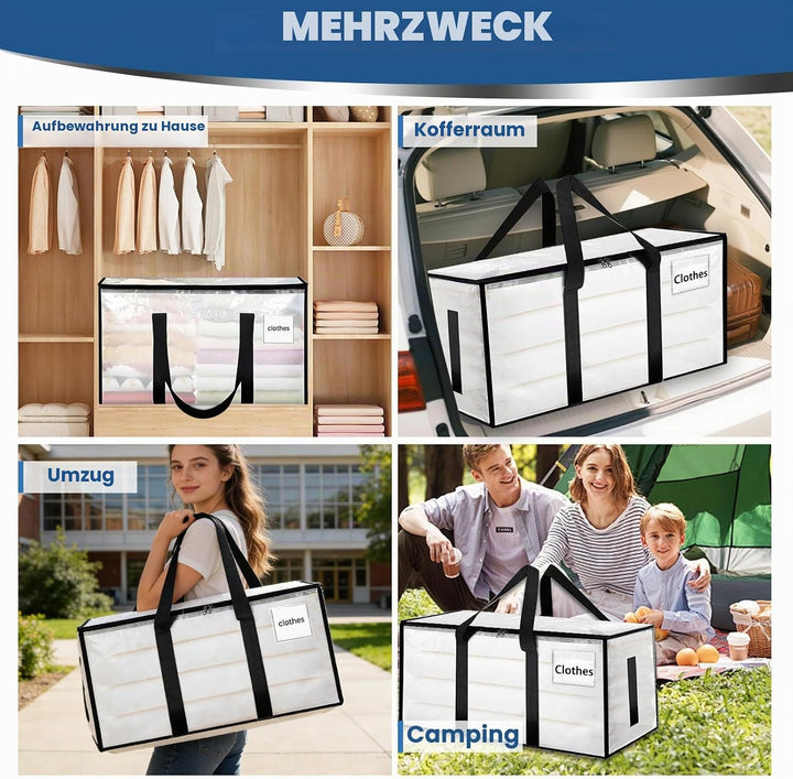 6 Stück Grosse Aufbewahrungstasche, Transparent Umzugstaschen 90 L, mit Reissverschluss und Tragegri