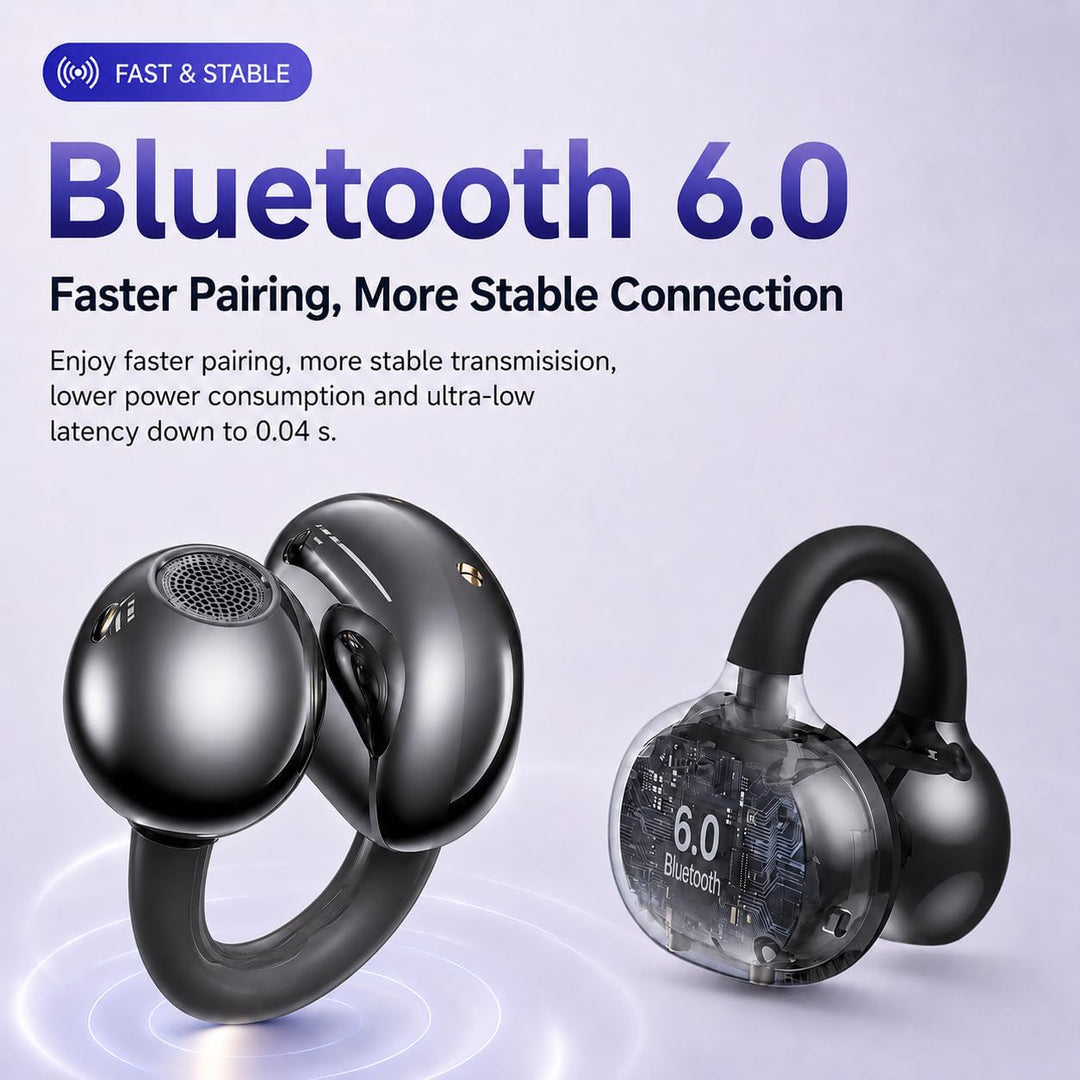 Bluetooth Kopfhörer 6.0, Open Ear Clip-On Kopfhörer Kabellos mit ENC Mikrofon, LED Anzeige, 48H Akku