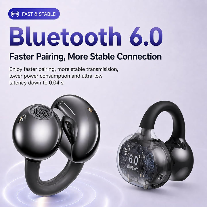 Bluetooth Kopfhörer 6.0, Open Ear Clip-On Kopfhörer Kabellos mit ENC Mikrofon, LED Anzeige, 48H Akku