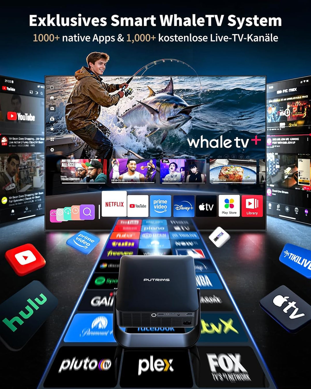 Smart Beamer【Kompatibel mit Netflix/Live TV/330° Drehbar】Mini Beamer 4K mit Autofokus/6D Trapezkorre