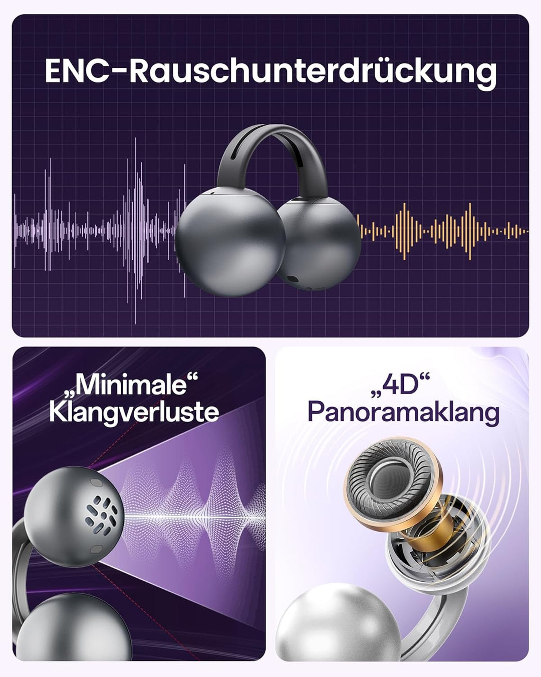 mojawa StarClip Open-Ear Clip-On Kabellose Bluetooth-Kopfhöre, 4D-Panoramaklang, Leicht & Sicher, Ge