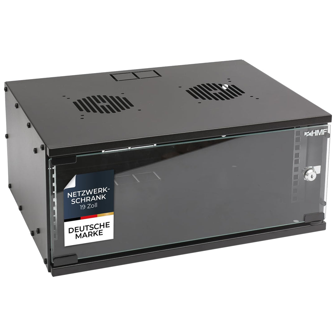 HMF 65704-02 Netzwerkschrank, Serverschrank 19 Zoll | 4 HE | 400 mm Tiefe | Glastür | Schwarz 4 HE S