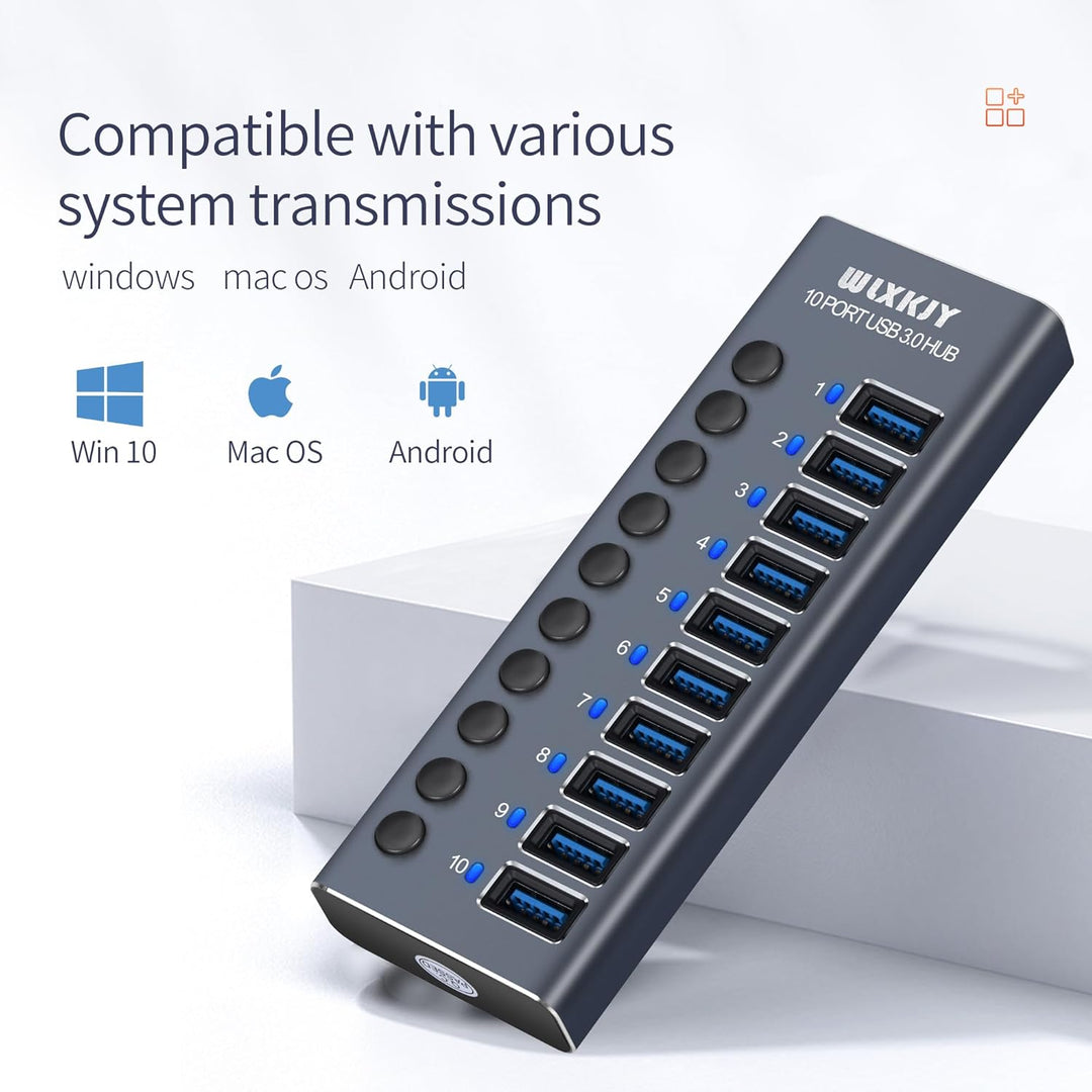 Aktiver 3.0 USB Hub mit 72W (24V/3A) Netzteil, 10 Aluminium Ports USB 3.0 Hub zum Laden und Hochgesc