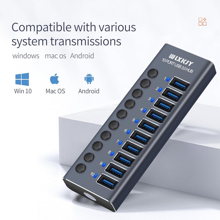 Aktiver 3.0 USB Hub mit 72W (24V/3A) Netzteil, 10 Aluminium Ports USB 3.0 Hub zum Laden und Hochgesc