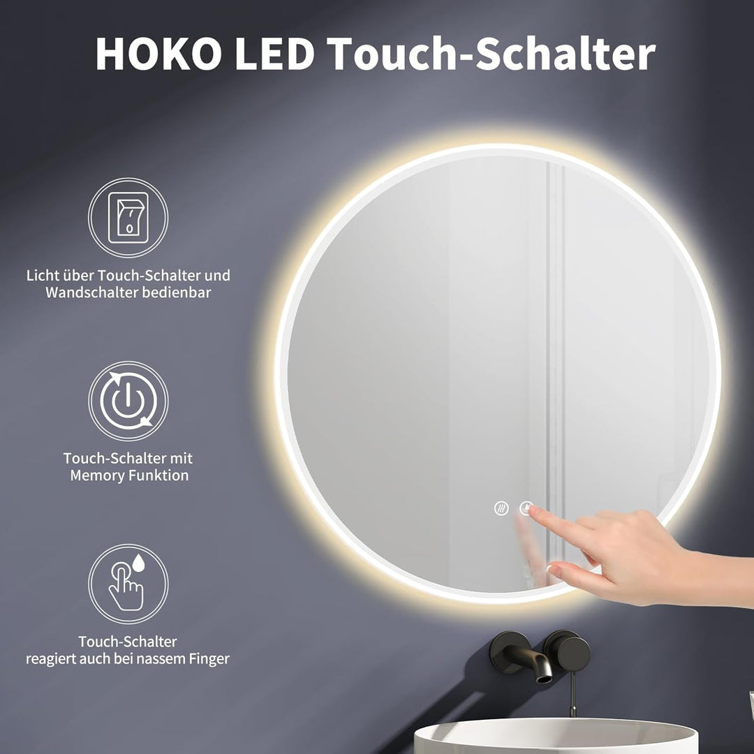 HOKO Antibeschlag LED Badspiegel rund 80 cm Bilbao mit Metall Rahmen Weiss. Touch Schalter + Memory