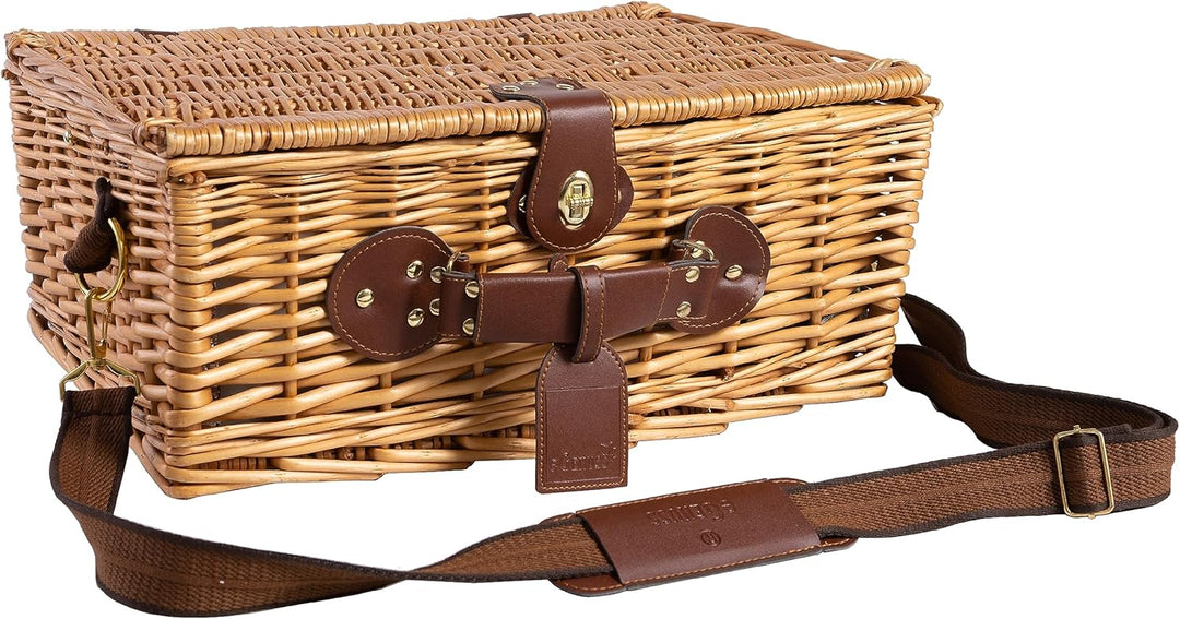 Picknickkorb 4 Personen Grün mit Kühlfach & Schultergurt – Picknicktasche Naturweide inkl. Teller Gl
