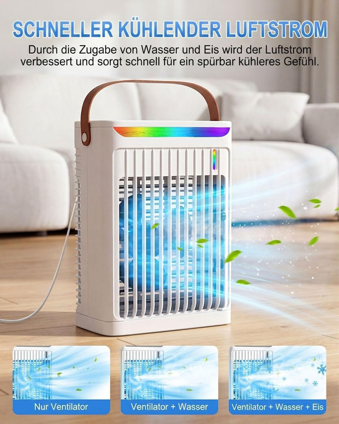 Luftkühler mit Verdunstungskühlung, Mini Klimaanlage, 4-In-1 700ml Mini Air Conditioner Mit 2-/4-/6-