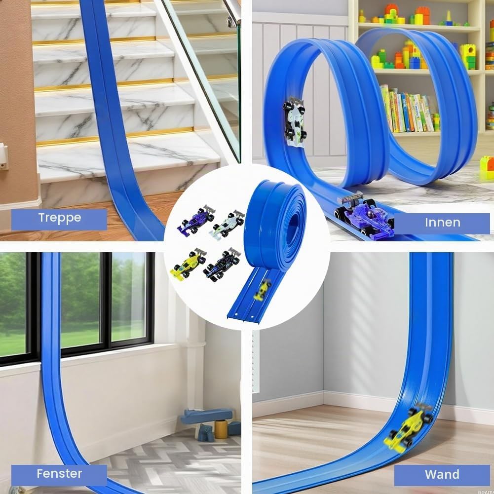 Tragbare Rennbahn für Kinder 5 Meter Flexible Dual-Rennstrecke mit 4 Leichtmetall-Autos, Rampen &amp; Au