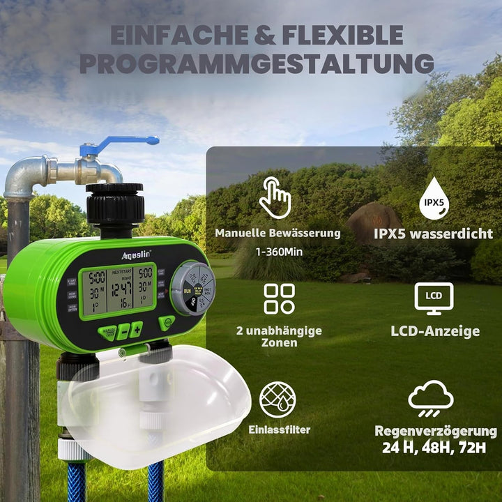 Aqualin Bewässerungscomputer Zwei Auslässe Bewässerungsuhr Automatische Wasser Zeitschaltuhr Wasser
