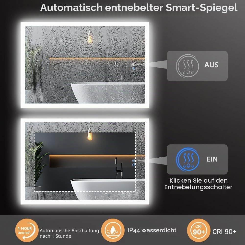 badezimmerspiegel mit Beleuchtung, Sandstrahl-Design led Spiegel Bad, 3 Farbtemperaturen, Dimmbar, E