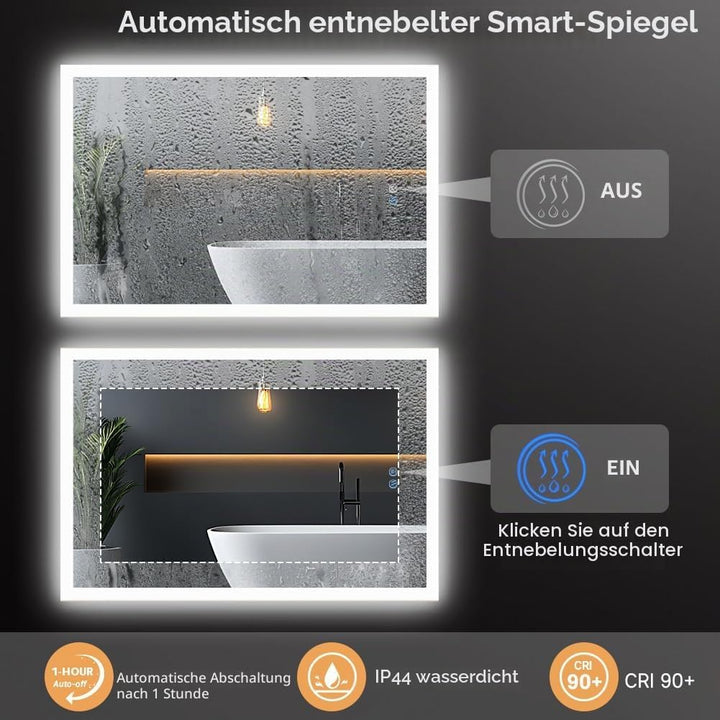 badezimmerspiegel mit Beleuchtung, Sandstrahl-Design led Spiegel Bad, 3 Farbtemperaturen, Dimmbar, E