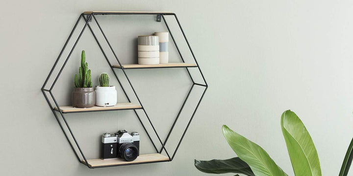 LIFA LIVING Hexagon Wandregal aus Metall & Holz mit 4 Böden, Schwarzes Schweberegal im Industrie Des