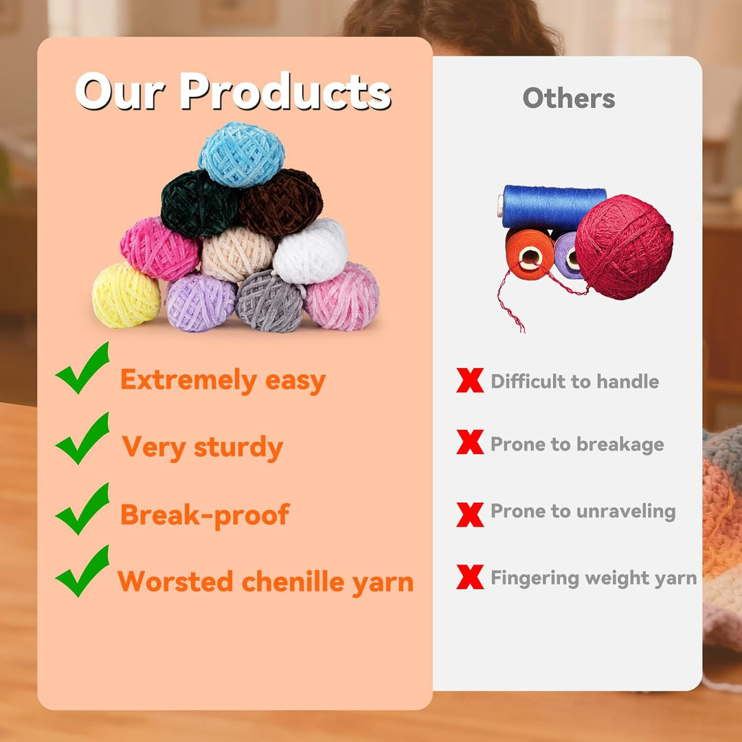 LetCart 36 Stück Häkelset für Anfänger, 10 Farben Chenille-Garn Häkelnadeln Stricknadeln, 3 Häkeln,
