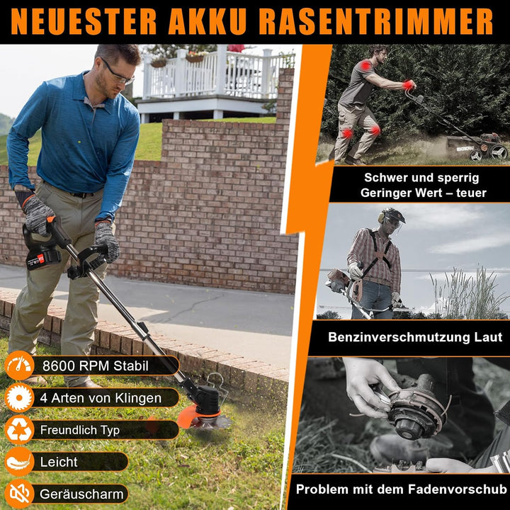Xbzzgmg Akku Rasentrimmer mit Akku, Rasentrimmer Akku mit 2x4,0mAH - Elektrischer Rasentrimmer mit 4