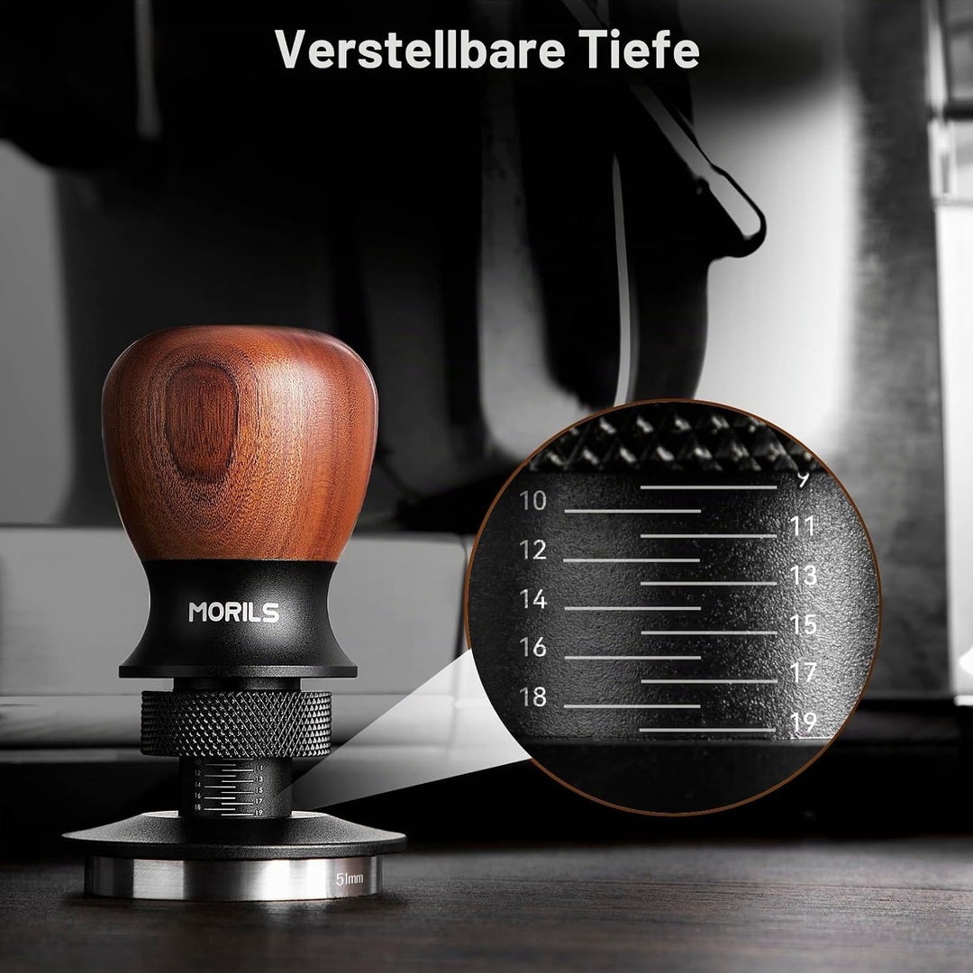 MORILS Kaffee Tamper 53.3mm, Nussholz Espresso Tamper, einstellbare Tiefe, Edelstahl Basis Tamper Pa