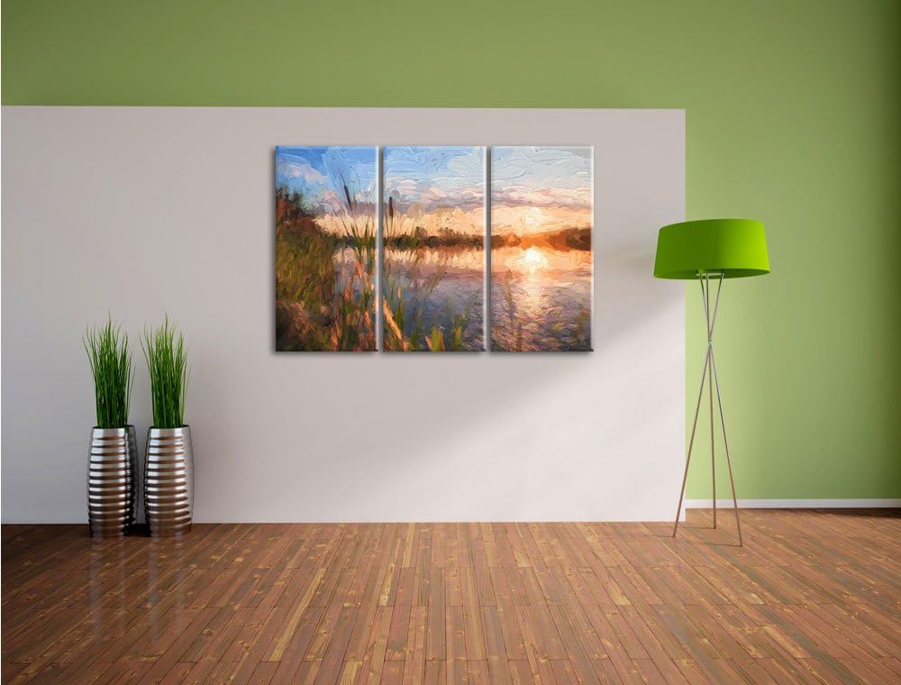 Pixxprint Sonniger Morgen am See Pinsel Effekt 3-Teiler Leinwandbild 120x80 Bild auf Leinwand