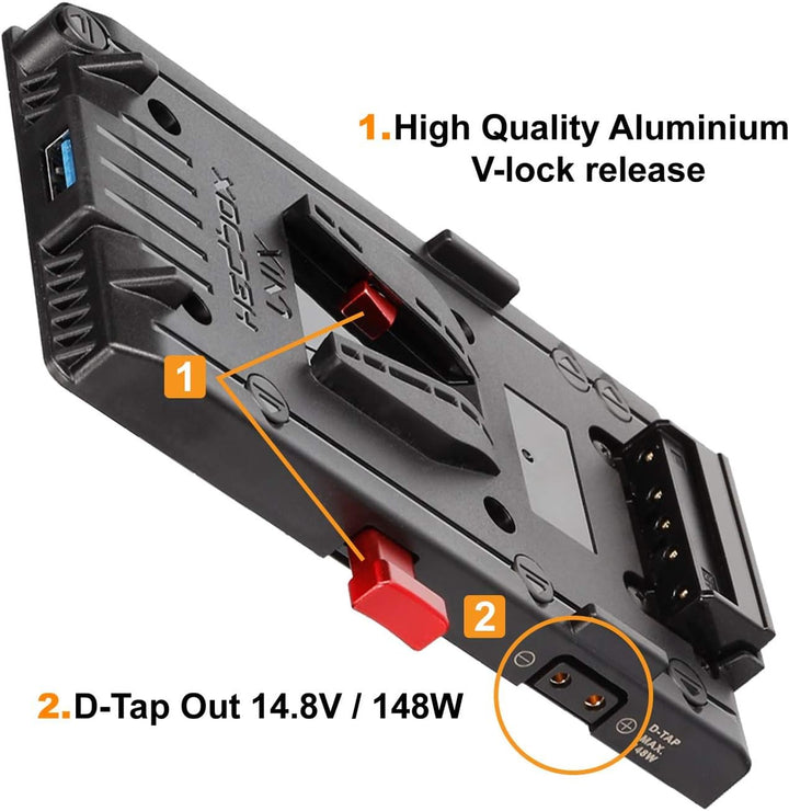 HEDBOX Unix-LPE6 - V-Mount Akkuplatte mit 3X D-Tap und USB, für Canon EOS Cameras, Anschlusskabel (L