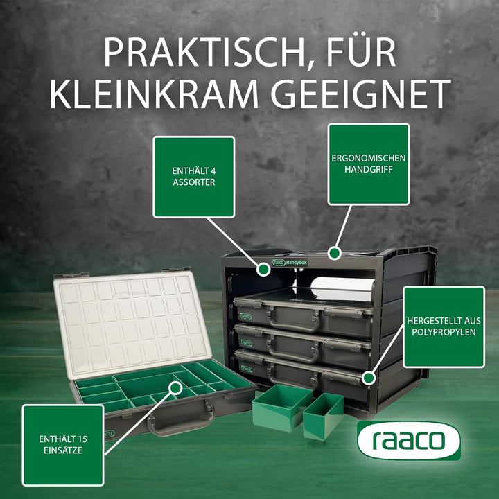 raaco HandyBox 55x4, Premium Sortimentskasten für Werkstatt, Tragerahmen mit 4 Sortierkasten für Kle