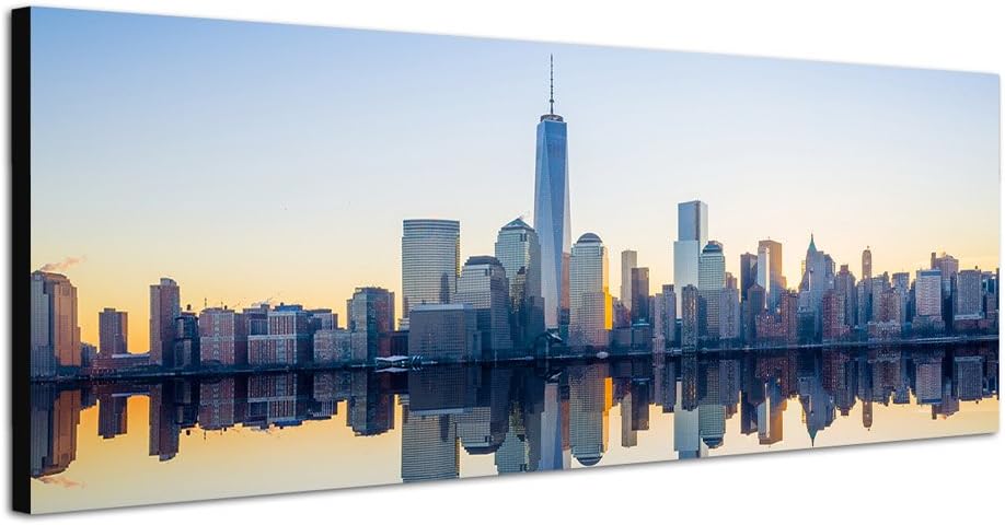 Paul Sinus Art Panoramabild auf Leinwand und Keilrahmen 150x50cm Manhattan Skyline Wasser Morgenlich