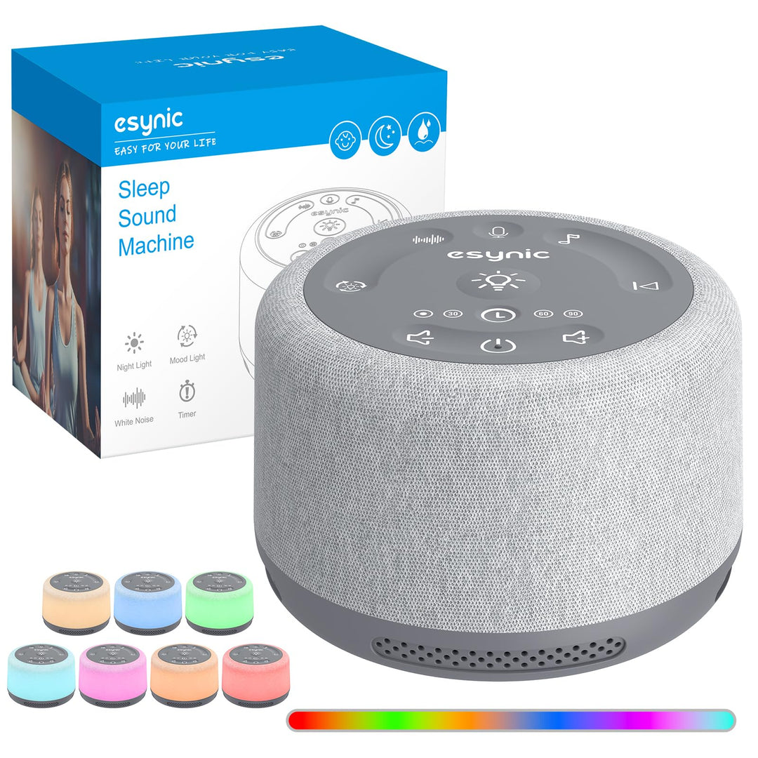 eSynic White Noise Machine Baby Weisses Rauschen Einschlafhilfe LED Stilllicht mit 30 Klänge & 7 Far