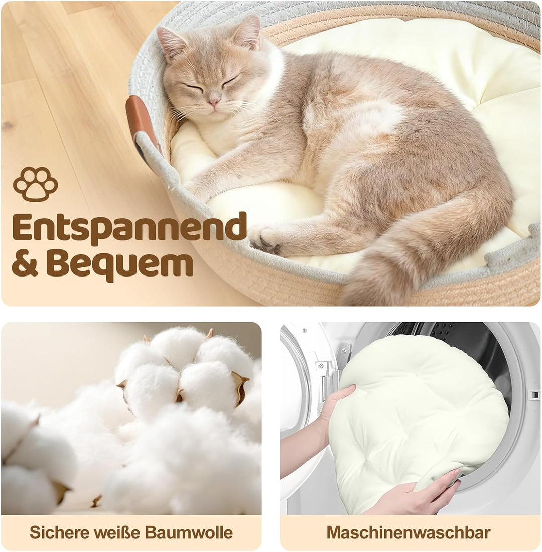 Katzenbett mit Kissen, 47cm Katzenkorb zum Schlafen für Alle Katze, Katzenkörbchen Waschbar aus Baum