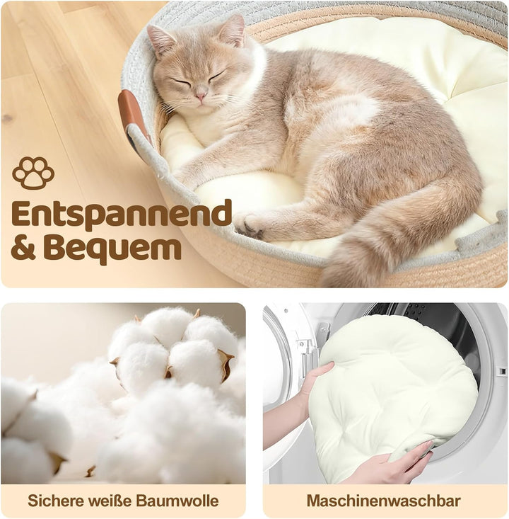 Katzenbett mit Kissen, 47cm Katzenkorb zum Schlafen für Alle Katze, Katzenkörbchen Waschbar aus Baum