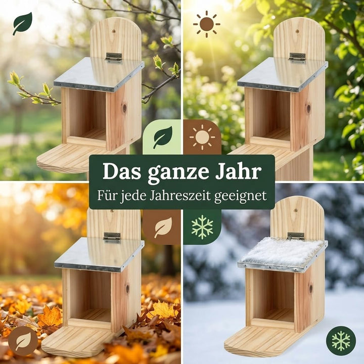 MIJOMA Futterstation für Eichhörnchen – mit Metall-Klappdeckel – aus Tannenholz – für Garten, Balkon