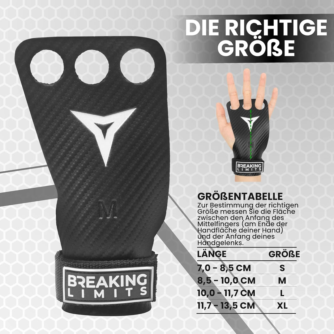 BREAKING LIMITS Crossfit Grips - Carbon-Mikrofaser-Fitness-Handschuhe mit 3 Fingerlöchern - Handschu