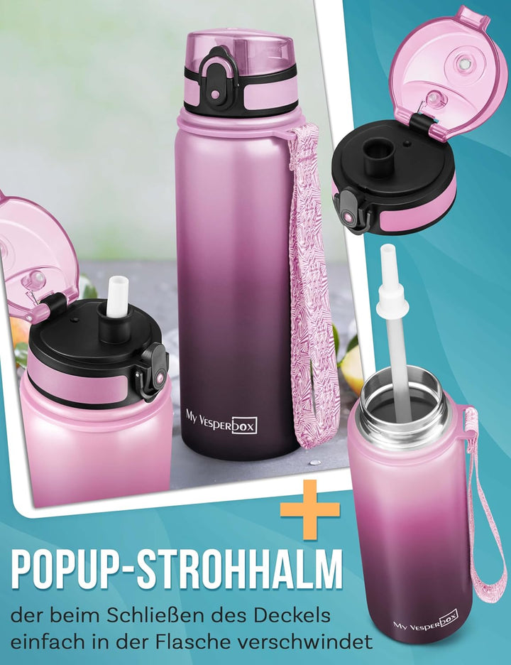 MY VESPERBOX® Edelstahl Thermosflasche Kinder [INK. STROHHALM & SIEB] - Isolierflasche für Jungen &