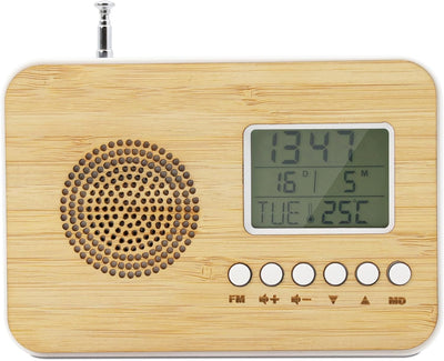 Mooov 477320 Reisewecker Bamboo, LCD-Display, integriertes Radio, Sleep-Funktion, Innentemperaturanz