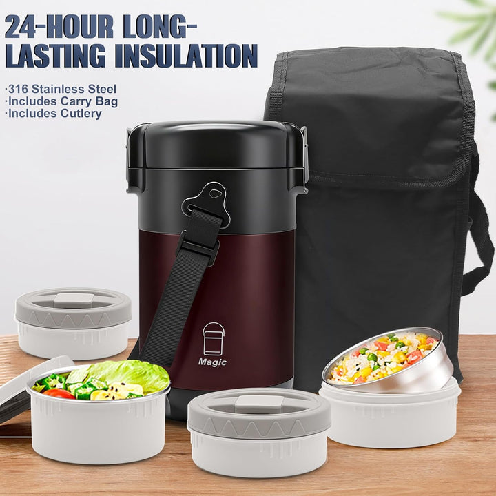 KATLKIU Thermobehälter Essen mit 4 Einzelnen Trennbehältern, Isolier-Lunchbox Edelstahl 2.6L, Auslau