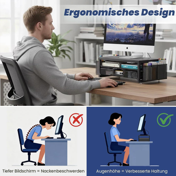 BOKIOVIN Metall Monitor Ständer Erhöhung mit Schublade und 2 Stifthaltern, Laptop PC Erhöhung für Sc