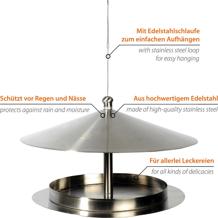 Luxus-Vogelhaus 11600 Rundes Design-Futterhaus "Silberglanz" aus Edelstahl mit Draht zum Aufhängen S