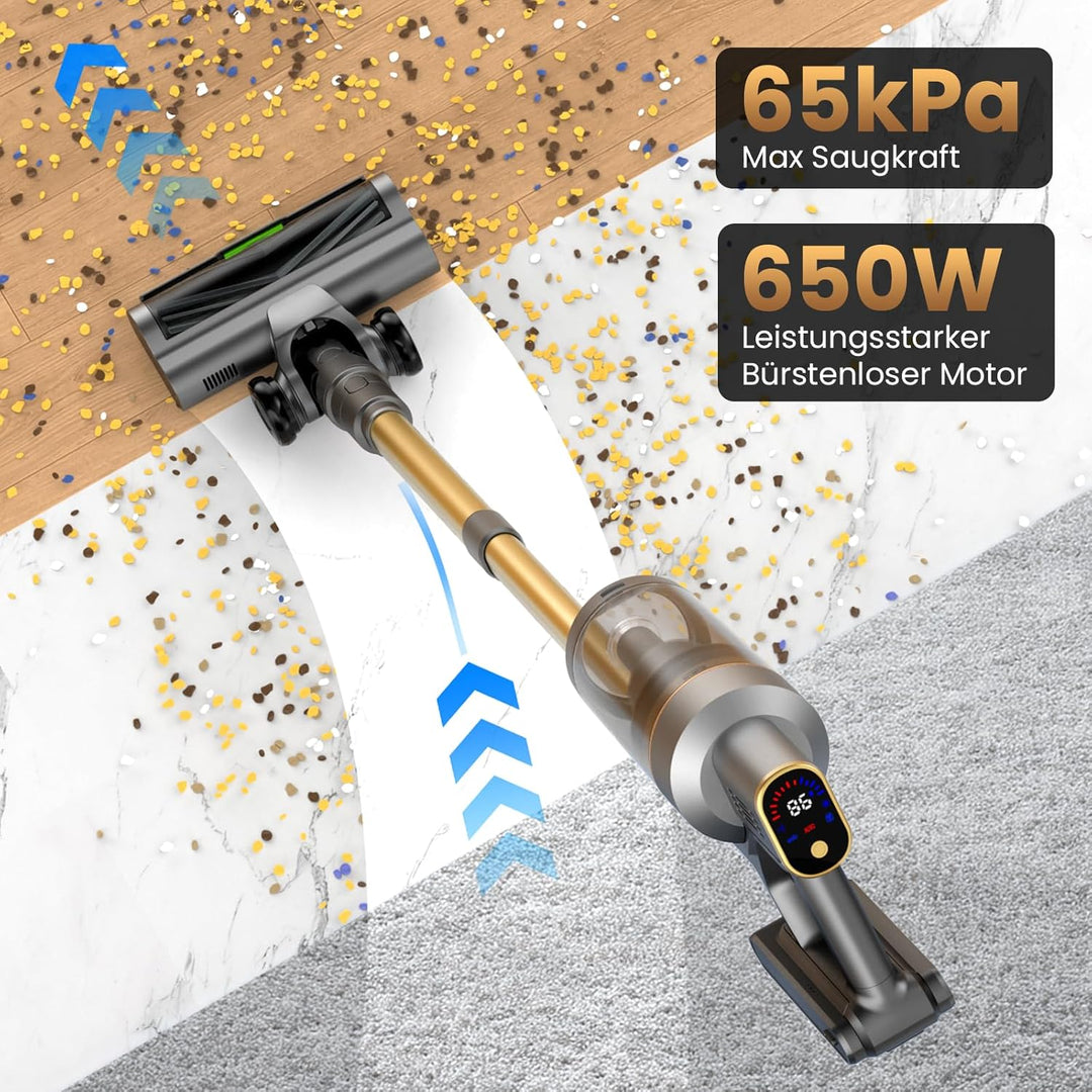 Akku Staubsauger, 650W/65000Pa/75Min, Laufzeit Staubsauger Kabellos mit Smart LED Display und Ladest
