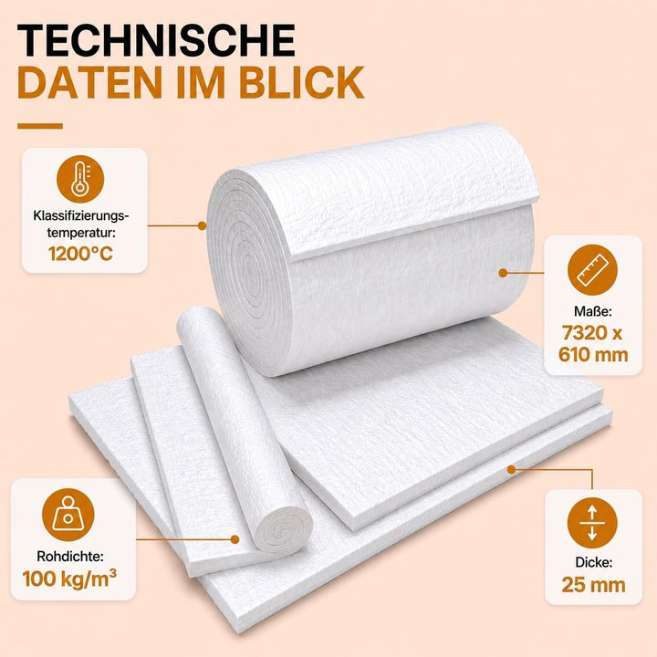 Keramikfasermatte biolöslich bis 1200 Grad (25mm Stärke, 7320 x 610mm) 25mm Stärke 7320 x 610 x 25mm