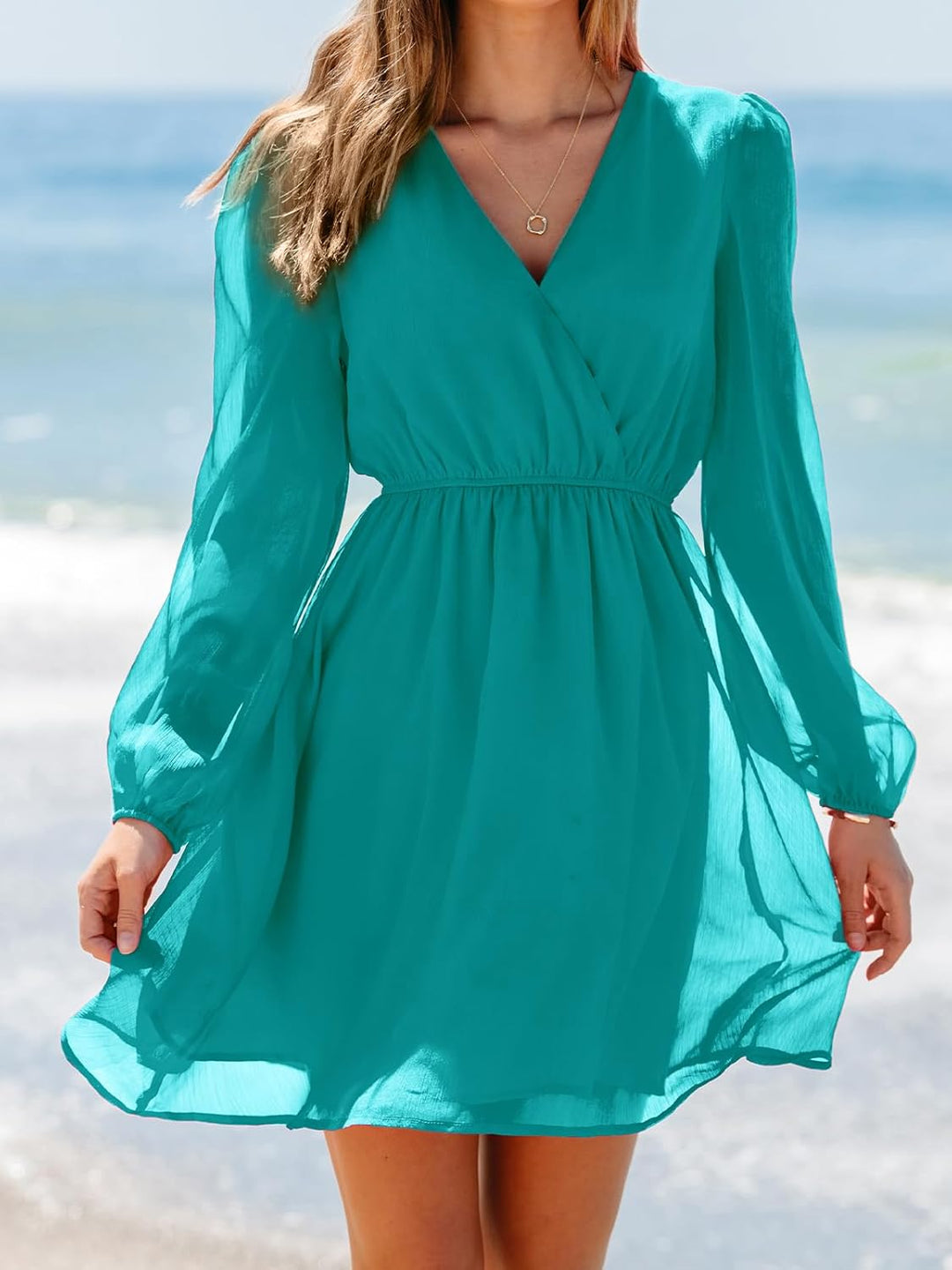 CUPSHE Damen Kleid V Ausschnitt Wickeloptik Transparente Lange Ärmel Blumenmuster Freizeitkleider Wr
