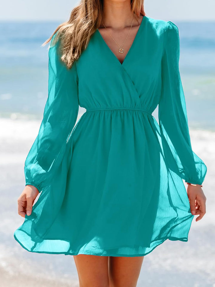 CUPSHE Damen Kleid V Ausschnitt Wickeloptik Transparente Lange Ärmel Blumenmuster Freizeitkleider Wr