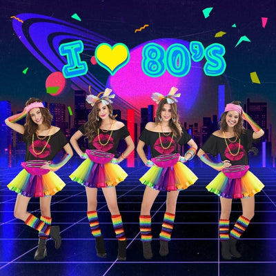80er Jahre Outfit Damen Set, T-Shirt, Tutu, Gürteltasche, Stirnband, Ohrring, Halskette, Netzhandsch
