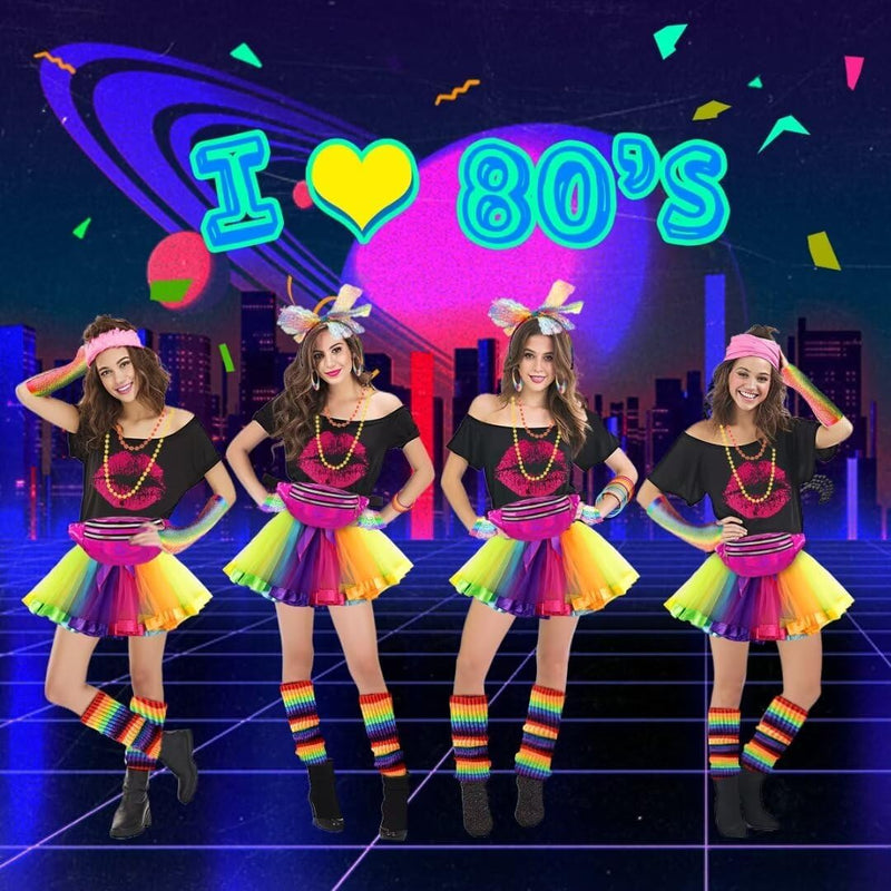 80er Jahre Outfit Damen Set, T-Shirt, Tutu, Gürteltasche, Stirnband, Ohrring, Halskette, Netzhandsch