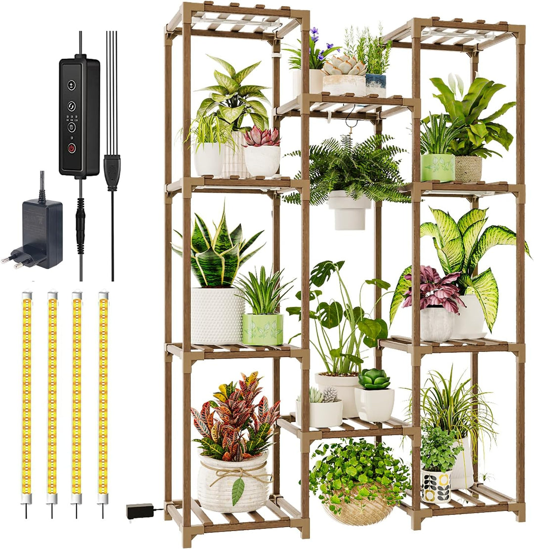 Bamworld Blumenständer mit Pflanzenlampe Pflanzenregal aus Holz mit LED Grow Light, Pflanzenständer