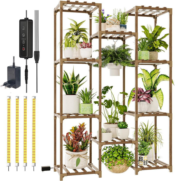 Bamworld Blumenständer mit Pflanzenlampe Pflanzenregal aus Holz mit LED Grow Light, Pflanzenständer